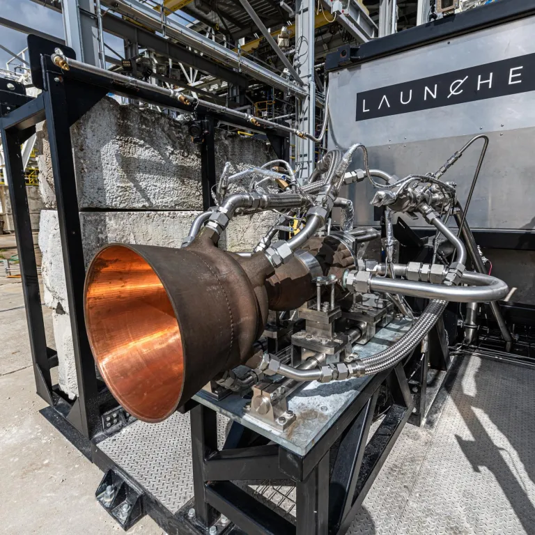 The AMCM M 4K 3D-printed Launcher E-2 combustion chamber on the Launcher test stand at NASA Stennis Space Center