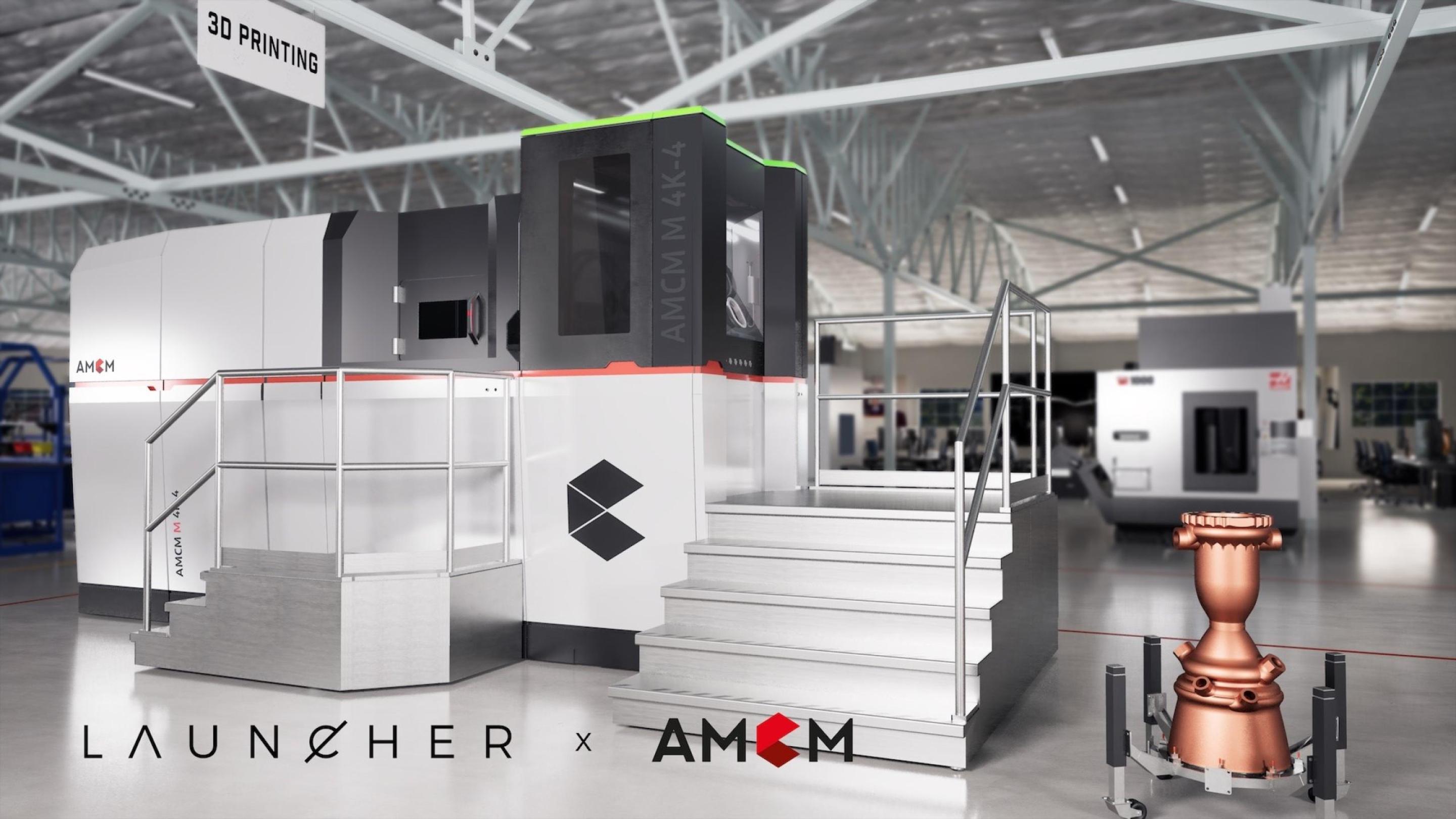 Illustration of the AMCM M 4K 3D metal print system in the new Launcher production facility plus rocket engine combustion chamber made in that system out of copper alloy (CuCrZr)