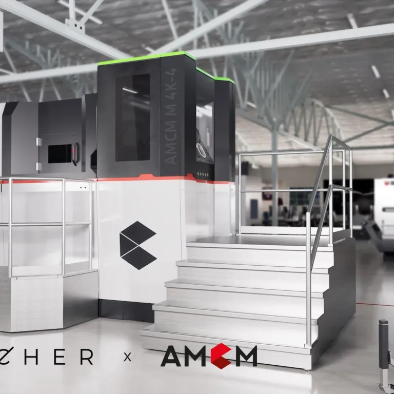 Illustration of the AMCM M 4K 3D metal print system in the new Launcher production facility plus rocket engine combustion chamber made in that system out of copper alloy (CuCrZr)